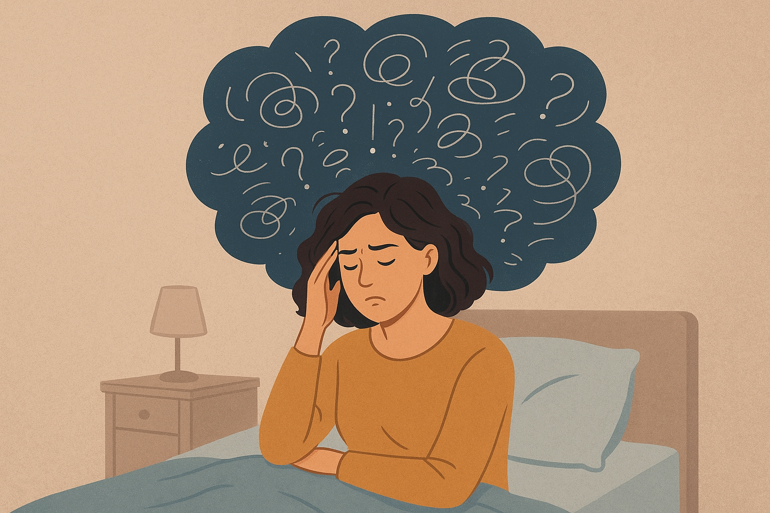 Woman overthinking on her bed with orange wall background