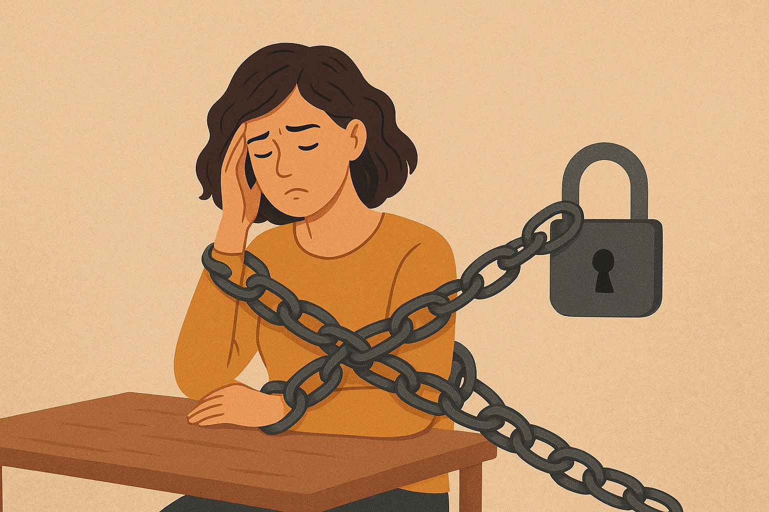 A girl overthink and chained with lock on a orange table and background