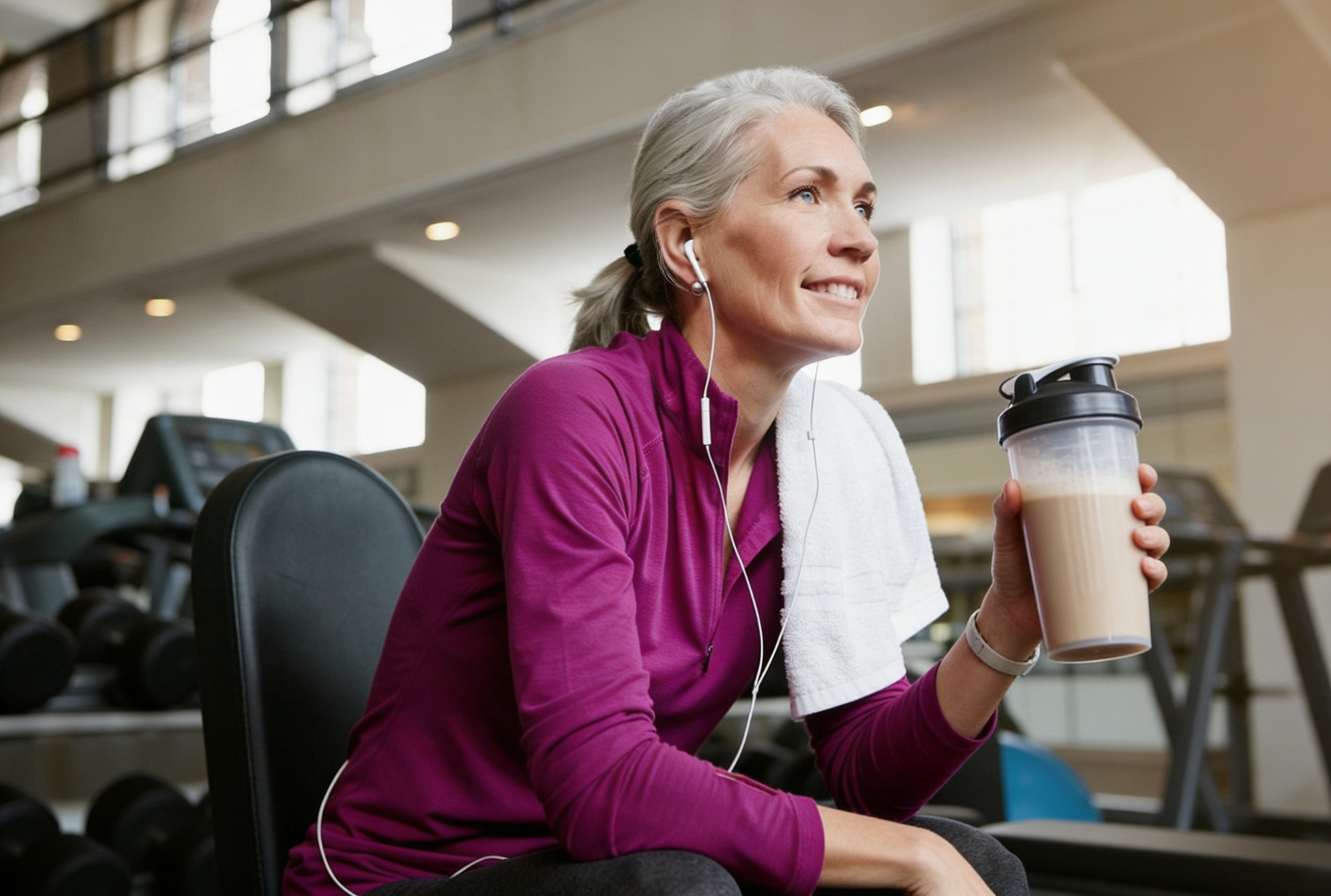 freepik__talk__71724 women in 50s wearing pink jacket in the gym holding a whey protein drink